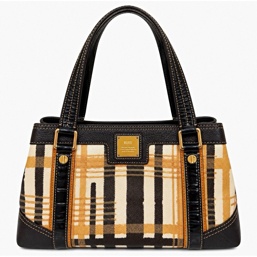 DAKS Plaid Satchel Top Handle Bag Zip Closure Gold Hardware Double Handles